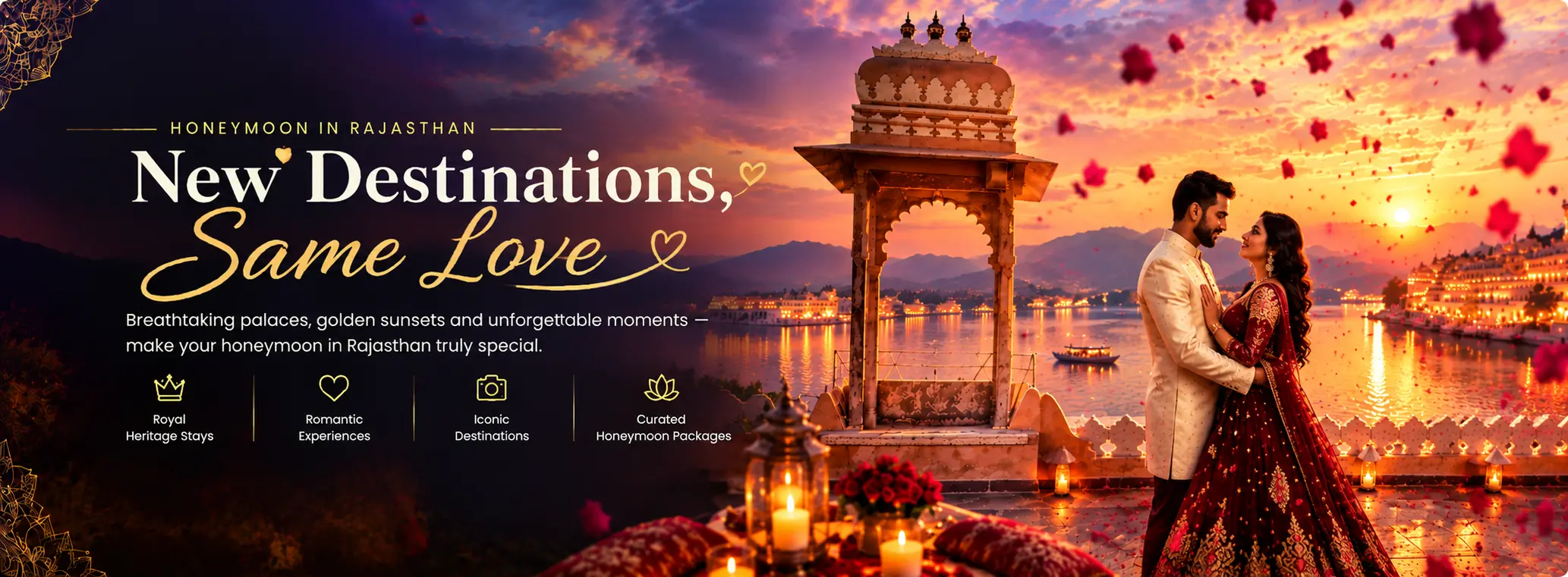 Honeymoon in Rajasthan. New destinations, same love. Breathtaking palaces, golden sunsets and unforgettable moments. Royal heritage stays, romantic experiences, iconic destinations and curated honeymoon packages.